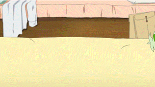 a green and white cartoon cat with pink eyes is standing on a bed