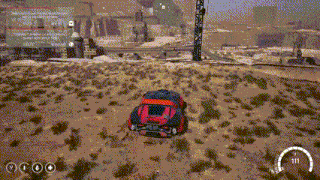 a car is driving through a desert in a video game with a speedometer showing 109 mph .