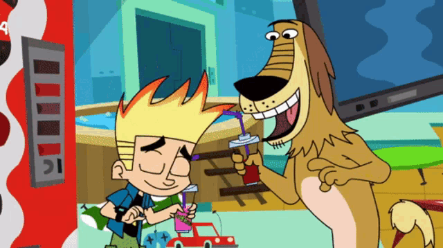 a cartoon of a dog giving a drink to a boy named johnny