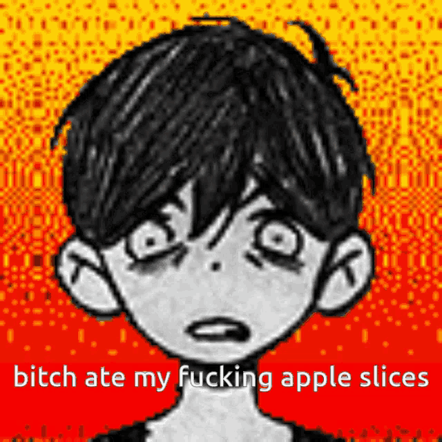 a drawing of a boy with the words " bitch ate my fucking apple slices "