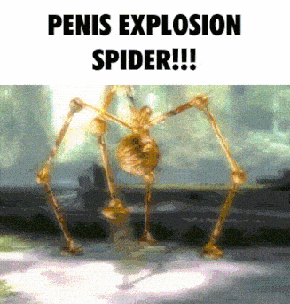 a picture of a skeleton with the words penis explosion spider on it