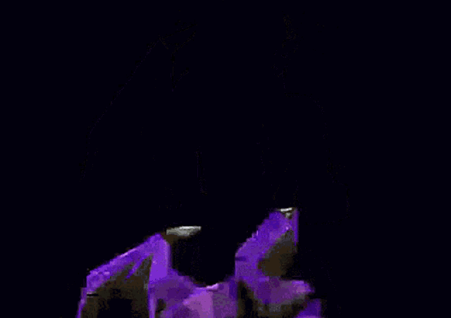 a video game character with purple wings is standing on a dark surface
