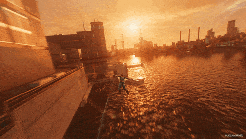 a picture of a man flying over a body of water with a marvel logo on the bottom