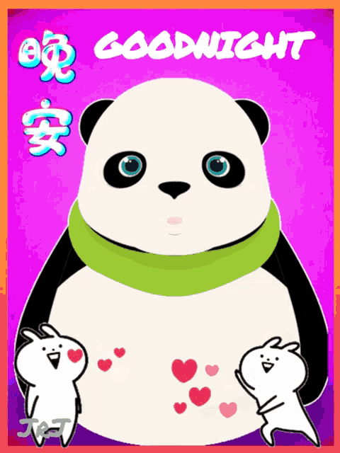 a panda bear with a green scarf around its neck is surrounded by two rabbits and the words goodnight