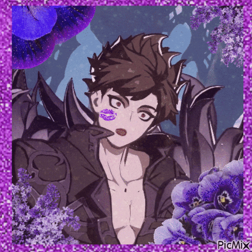 a picture of a man with purple flowers and picmix written on the bottom right