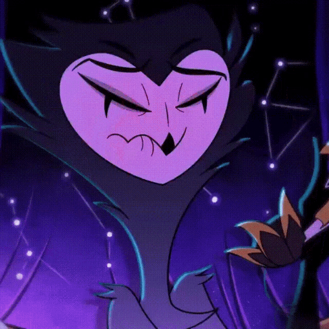 a cartoon character with a purple face and a purple background