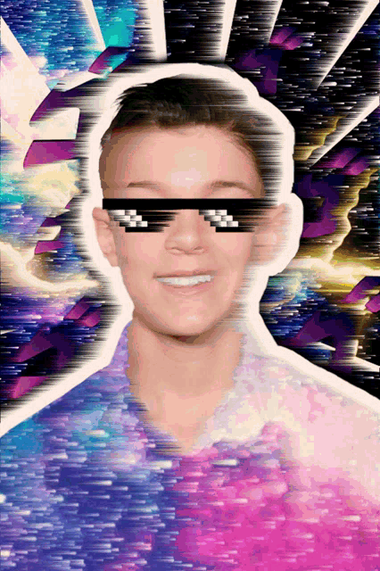 a young man wearing sunglasses with a purple background