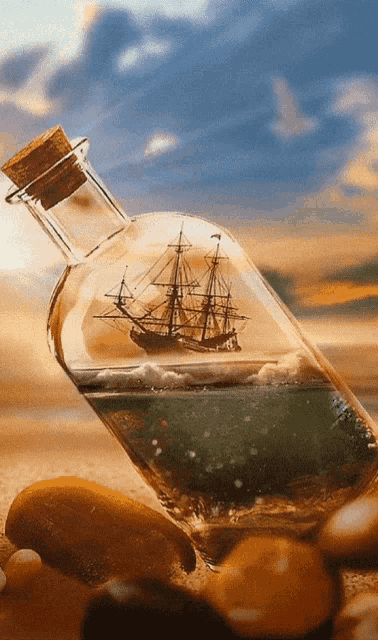 a bottle with a ship inside of it on a beach