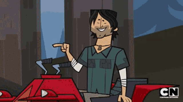a cartoon character from total drama is smiling and laughing while sitting on a red vehicle .