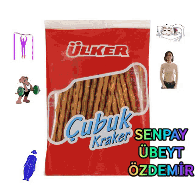 a bag of ulker cubuk kraker is surrounded by images