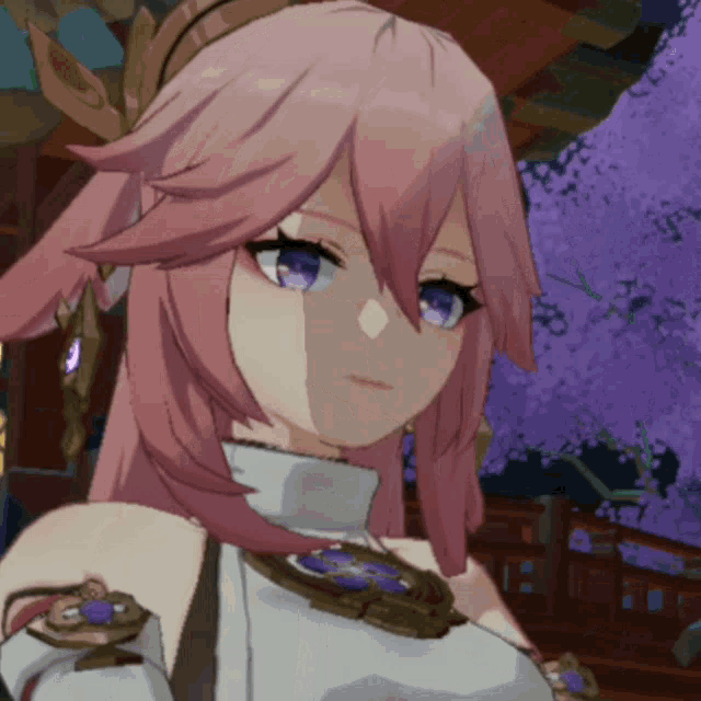 a girl with pink hair and blue eyes is wearing a white top