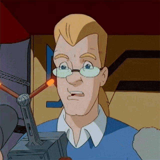 a cartoon of a man wearing glasses and a blue shirt looking at something
