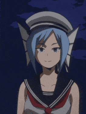 a girl with blue hair is wearing a sailor uniform and saluting
