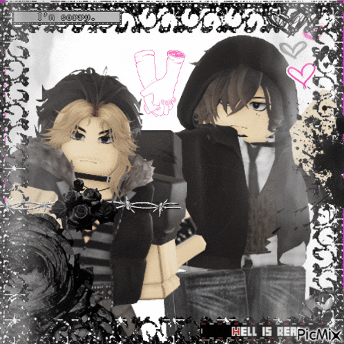 a couple of anime characters holding hands with the words i 'm sorry in the background