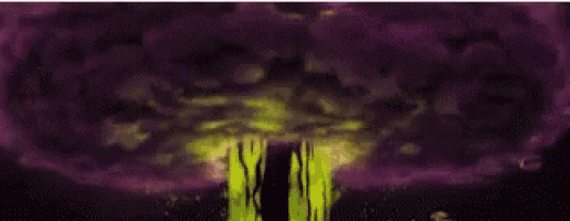 a group of people are standing in a dark room with purple clouds in the background .