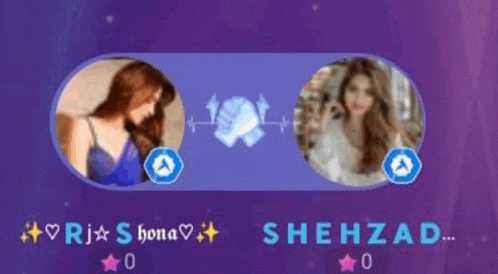 two women are sitting next to each other on a purple background with their names on them .