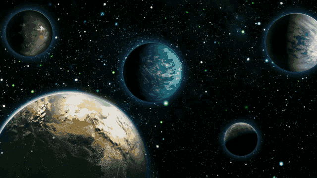 a group of flying saucers are flying around planets