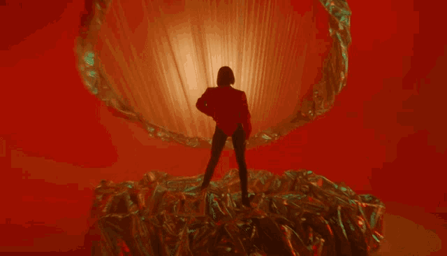 a woman in a red bodysuit is standing on a pile of shiny foil