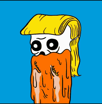 a cartoon drawing of a skull with blonde hair and flames coming out of it