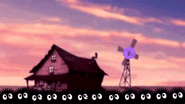 a cartoon drawing of a house and a windmill with a purple object in the middle .