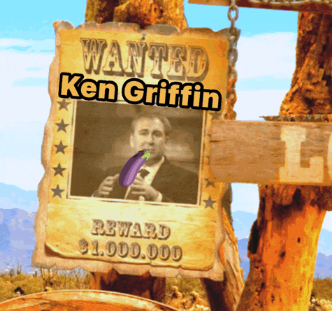 a wanted poster for ken griffin with a picture of a man holding an eggplant