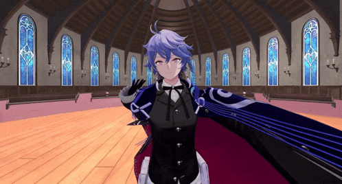 a computer generated image of a person in a church with stained glass windows behind them