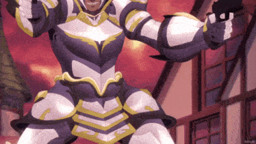 a cartoon character in armor is pointing a gun