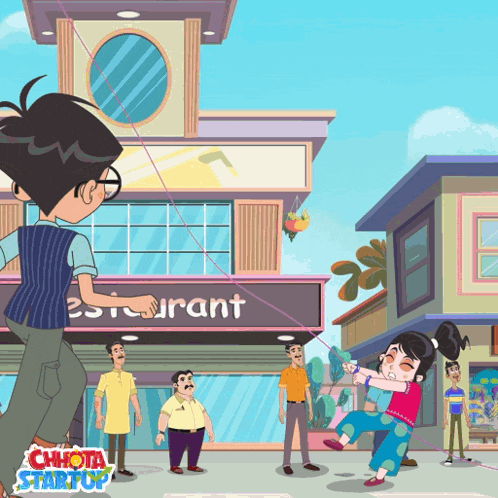 a cartoon drawing of a girl playing with a string in front of a restaurant