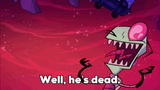a cartoon character says " well he 's dead " in a pink background