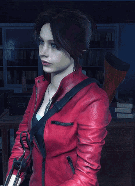 a woman in a red leather jacket holds a rifle