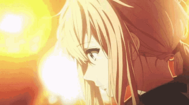 a close up of a blonde anime girl with a ponytail looking at the sun .