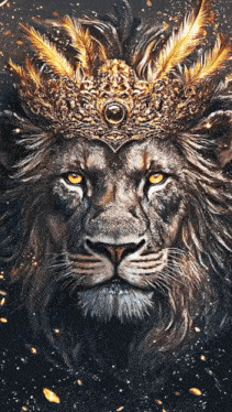 a lion wearing a crown with feathers on its head .