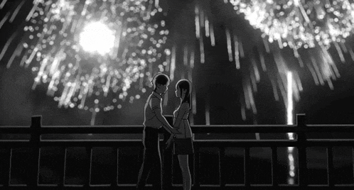 a black and white drawing of a man and a woman standing in front of fireworks