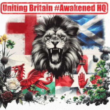 a poster with a lion and the words uniting britain #awakened hq on it