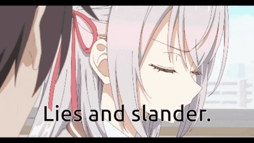 a man and a girl are looking at each other with the words lies and slander below them