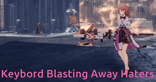a video game character with the words keyboard blasting away haters above her