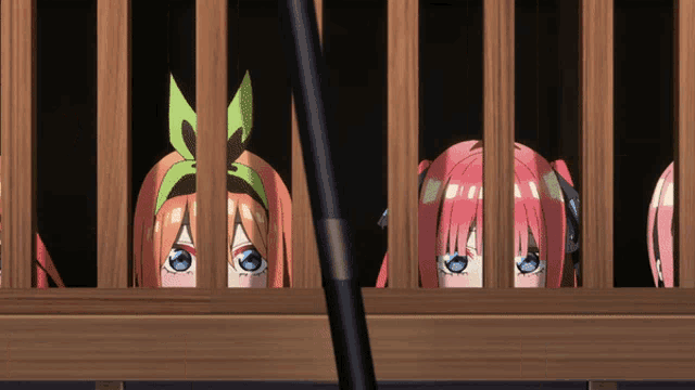 a group of anime girls behind wooden bars