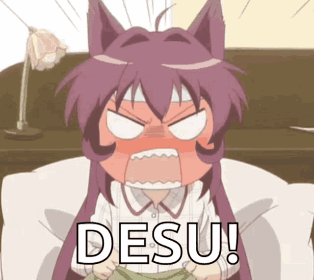 a cartoon girl with purple hair is screaming with the word desu on the bottom right