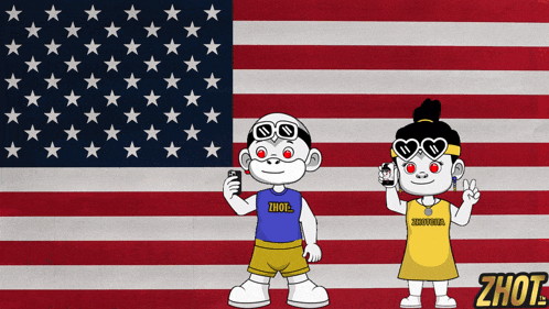 a boy and a girl are standing in front of an american flag and the girl is wearing a shirt that says zhout