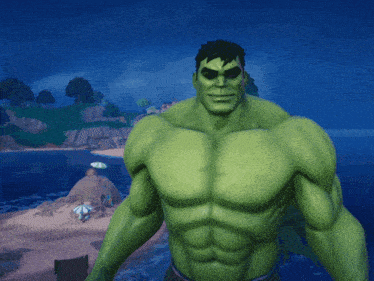 a hulk without a shirt is standing on the beach