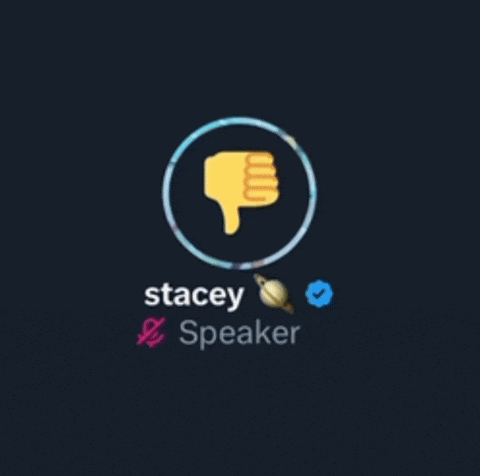 a picture of stacey speaker with a thumbs down on it