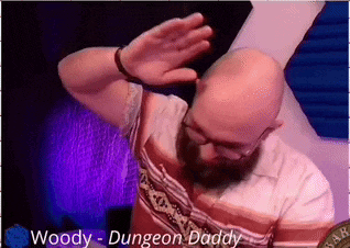 a bald man with a beard is wearing a shirt that says " woody - dungeon daddy "
