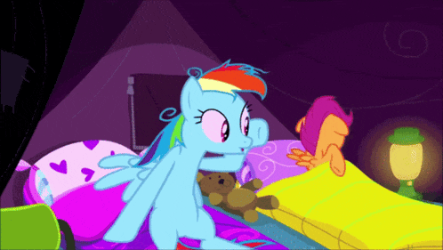 a cartoon drawing of a rainbow dash standing next to a teddy bear