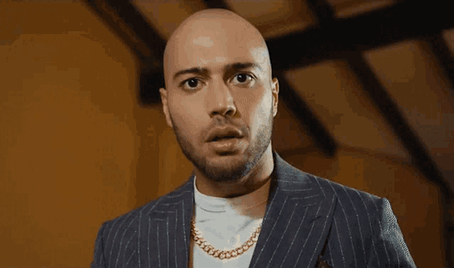 a bald man with a beard wearing a suit and a gold chain around his neck