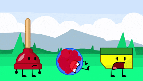 a cartoon drawing of a plunger a ball and a block