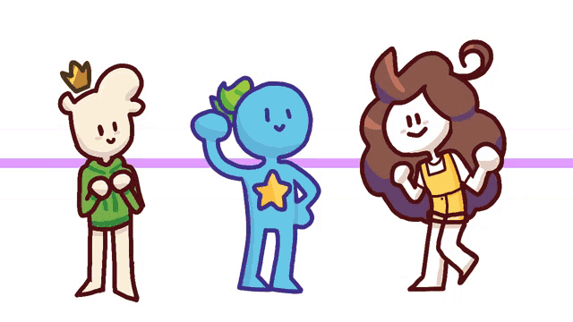 three cartoon characters are standing next to each other on a white background