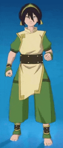a cartoon character from avatar the last airbender is standing on a blue surface .