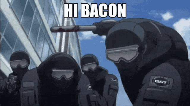 a group of soldiers are standing in front of a building with the words hi bacon