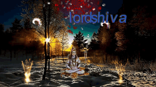 a painting of lord shiva sitting in a snowy forest