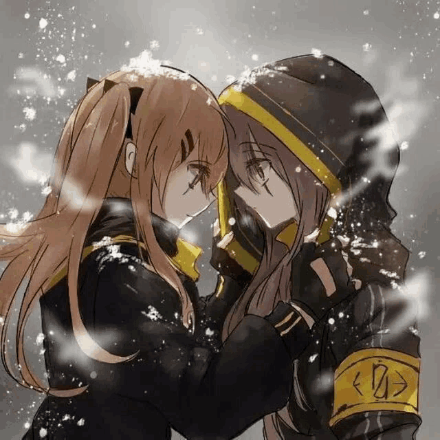 two anime girls are standing next to each other in the snow .